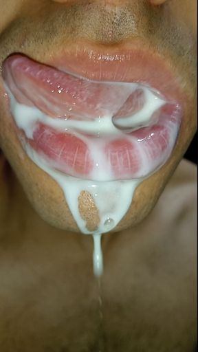 Cum in my mouth, play with your cum, and swallow it, close-up, naughty gay, tongue, sloopy