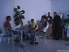 The guys hangout on the set and get ready before their orgy