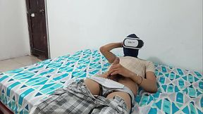 Masturbator masturbates while watching porn in his VR headset