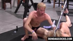 Twink sucks cock and gets drilled hard in bondage