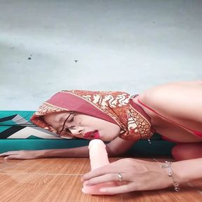 Trans Wearing Hijab Sucks Cock and Masturbate with a Dildo