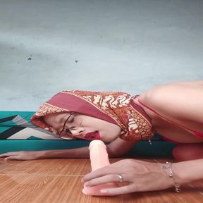 Trans Wearing Hijab Sucks Cock and Masturbate with a Dildo