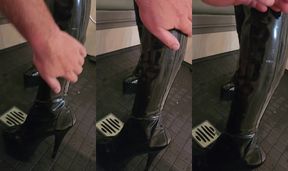 Slave workship oiled boots in shower