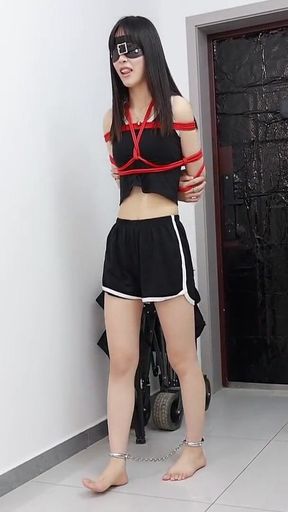 His Girlfriend, with Her Hands Bound and Wearing Ankle Cuffs, Explored the Room Blindfolded
