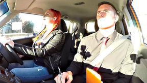 Redhead Examiner fingers her hairy pussy while instructing in car POV