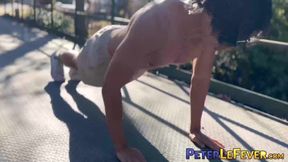 Handsome Asian American jock Jay Wu works out and tugs his erect cock