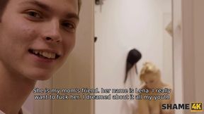 Blonde Russian girlfriend showers and blows cougar at boy's place
