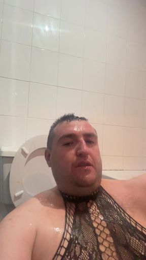 Fat piggy drinking and covered in his own piss