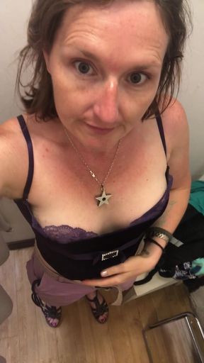 Quick pussy and tits play after trying on a velvet corset in a changing room