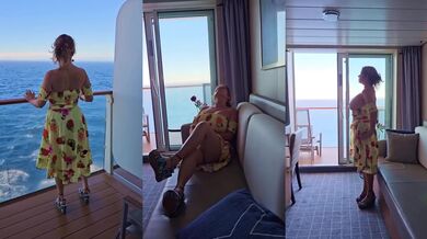 Voyeur Mommy strips on cruise flashing huge tits for balcony peepers
