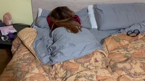 Nastya uses her rose toy + pink gloves after waking up