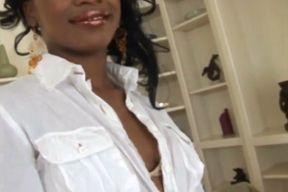 Beautiful ebony babe gets fucked and creampied by two cocks
