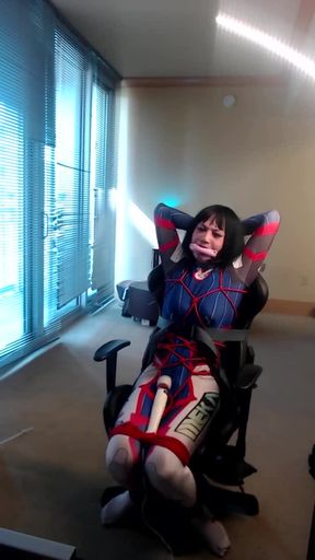 Crossdresser in D Va Bodysuit Tied to a Gaming Chair Pa