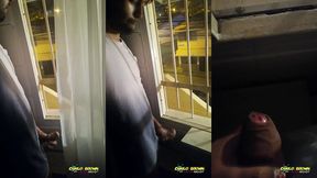 jerking off my big uncut cock public on my window till i cum - camilo brown