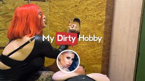 Redhead gets facial at work while her massive tits get squeezed