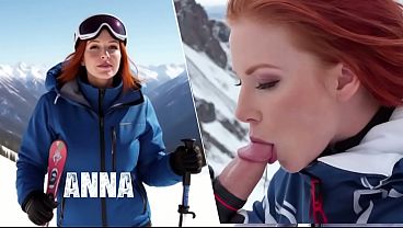 Curvy 3D babe Anna gives a public blowjob at the ski resort