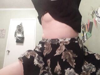 Cute Trans Male Shows off his Melons and Little Ramrod in a Petticoat