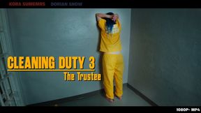 Cleaning Duty 3: The Trustee -Convict inmate trustee Kora Summers sweeps and scrubs the floor while shackled and wearing yellow scrub prisoner uniform while barefoot -1080p -MP4