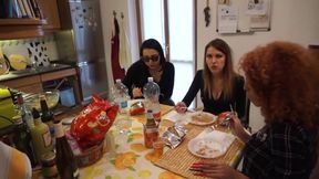 Our slave acts like a pet, so he pickups all the food we drop on the floor