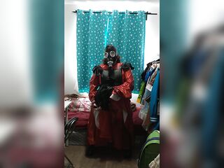 Sissy Maid Gasmask Breathplay Red Suit Sex-Toy