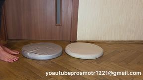 Nastya steps on two soft pillows in very dirty street shoes, tramples on them, wipes her shoes, spits, jumps, sexy, crush fetish and foot fetish + walking and stomping, under feet