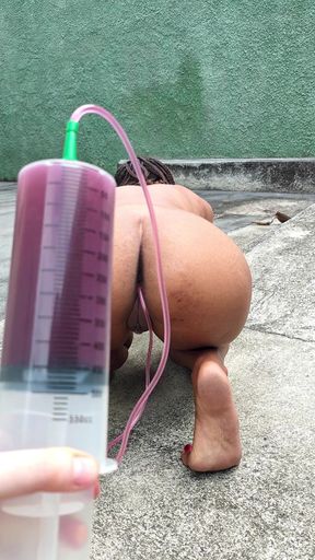 Color Enema Play Purple Juice Filling and Expulsion