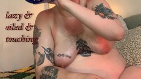 fat lazy oiled up tboy summertime evening masturbation (with snacks)