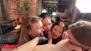 Four whores greedily suck my dick - group blowjob.