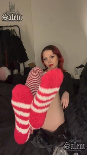 teasing you with My Christmas fluffy thigh high socks ⋆❅*𖢔𐂂꙳