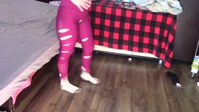 Amateur wife dancing and trying on clothes she cuts. Amateur wife vacuuming in bedroom.