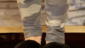 furry ugg slipper dangle, white milf toes, wrinkled soles