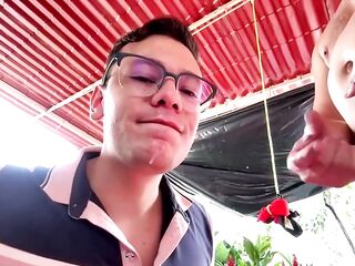 Sexy screw time with giant cum loads wearing leather boots and panties, at the backyard of the abode