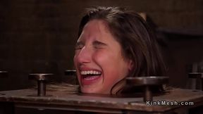Slave gagged and tied up deepthroats cock while getting spanked