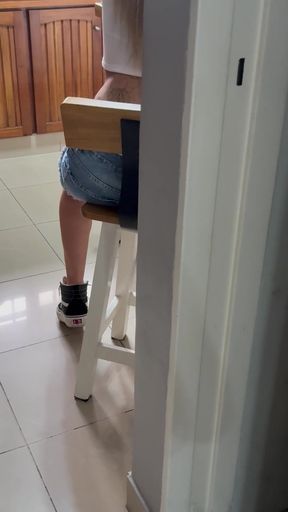 Short-haired amateur babe in thongs shows off her short jean shorts