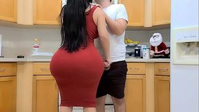 Sexy Latina milf with big ass fucks in the kitchen after seeing his big boner