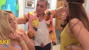 Two noisy teens accept a fake hostel sex battle in a threesome