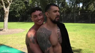 Boomer Banks and Cade Maddox fuck bareback outdoors in sweatpants