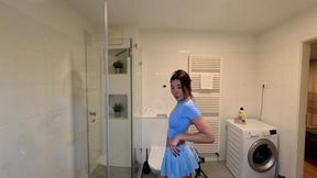 Asian babe teases with big tits and flirty mini skirt