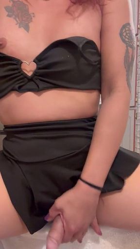 Black Mini Skirt Gold High Heels Horny Bitch Cums Hard