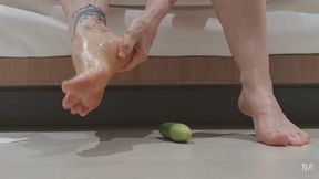 Dirty Oiled Feet Do Unspeakable Things to a Mini Cucumber on the Floor