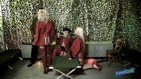 Three female solders get naughty at work and have dirty fun with their boss