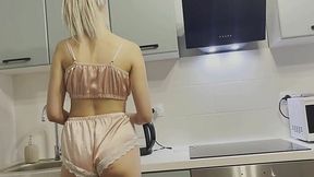 Slutty Blonde seduced her neighbor to fuck in the kitchen from behind