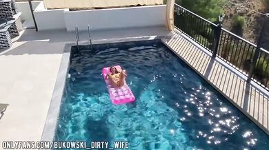 Blonde in the pool teases peeping guy with sloppy blowjob