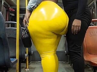 "Masked big beautiful woman Teases Biggest Booty in Shiny Yellow Leggings on Public Bus"