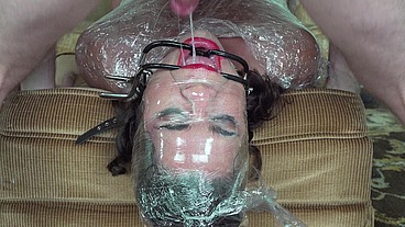 Shrink wrap bondage - face fuck throatpie