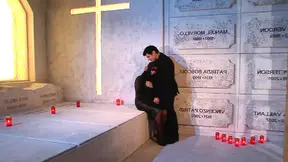 Cemetery Slutty Widow rides cock in public