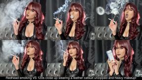 Redhead smoking VS 120s close up wearing a leather catsuit unzipped and heavy makeup!