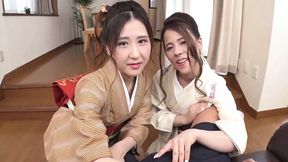 Beautiful whores in kimonos: three-timing nasty sex, two massive cum blasts