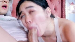 Asian babe warming up shemale dick before getting fuck