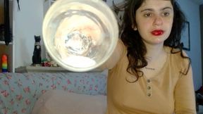 saliva fetish: cumming in mouth after blowjob, spit in a glass cup and swallow